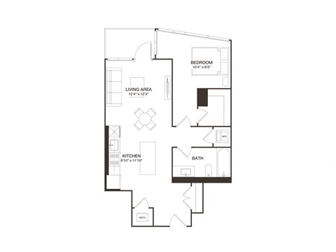 Floor plan for 1 bed, 1 bath, 755 sqft